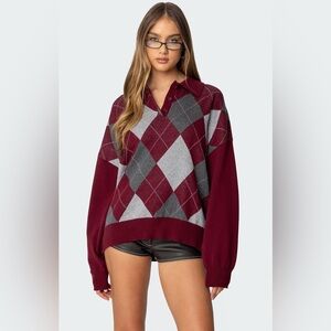 Edikted Argyle Oversized Polo Sweater in Burgundy